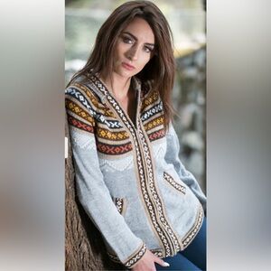 Gamboa Handmade 100% Alpaca Wool Fair Isle Full Zip Sweater with Hood size M